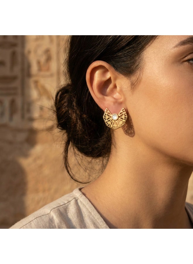 Shein Pharaonic Sun Wings Earrings – 316 Stainless Steel – Golden Engraved Design with Pearl Center - Image 2